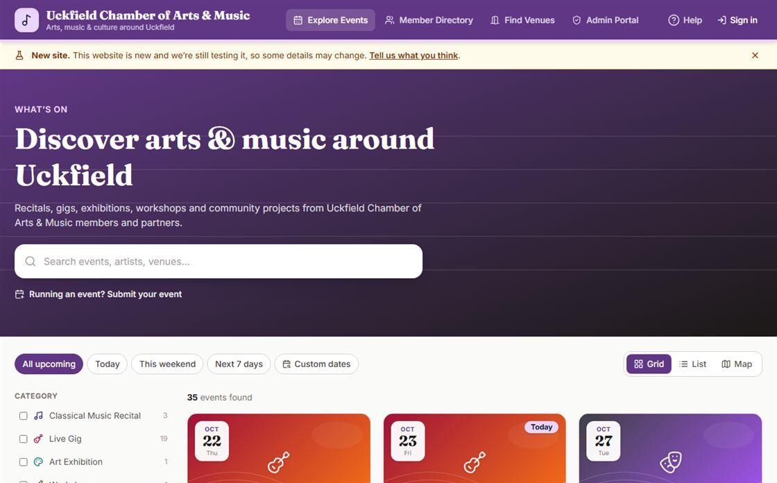 Events page of the Uckfield Chamber of Arts and Music, with date filters and event cards